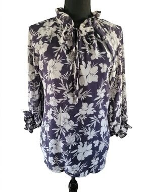 Notations Navy and White Floral Tie-Neck Blouse